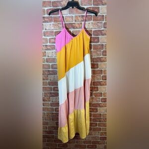Lalavon cotton Tiered Colorblock  floaty full skirt v neck Maxi sundress